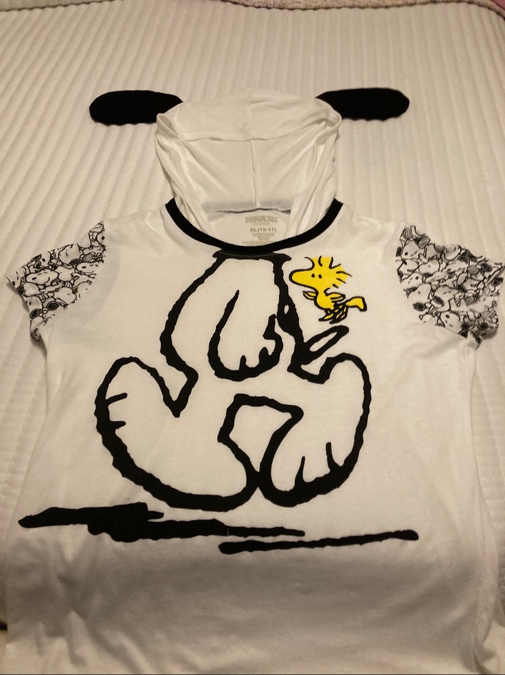 Peanuts White Hooded Top with Black Snoopy Print and Yellow Woodstock. Halloween